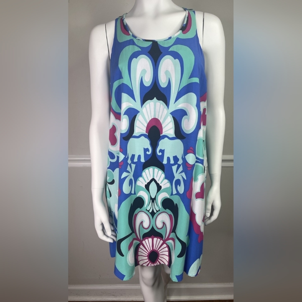 Crown & Ivy Blue Aqua White Elephant Patterned Trapeze Mini Dress